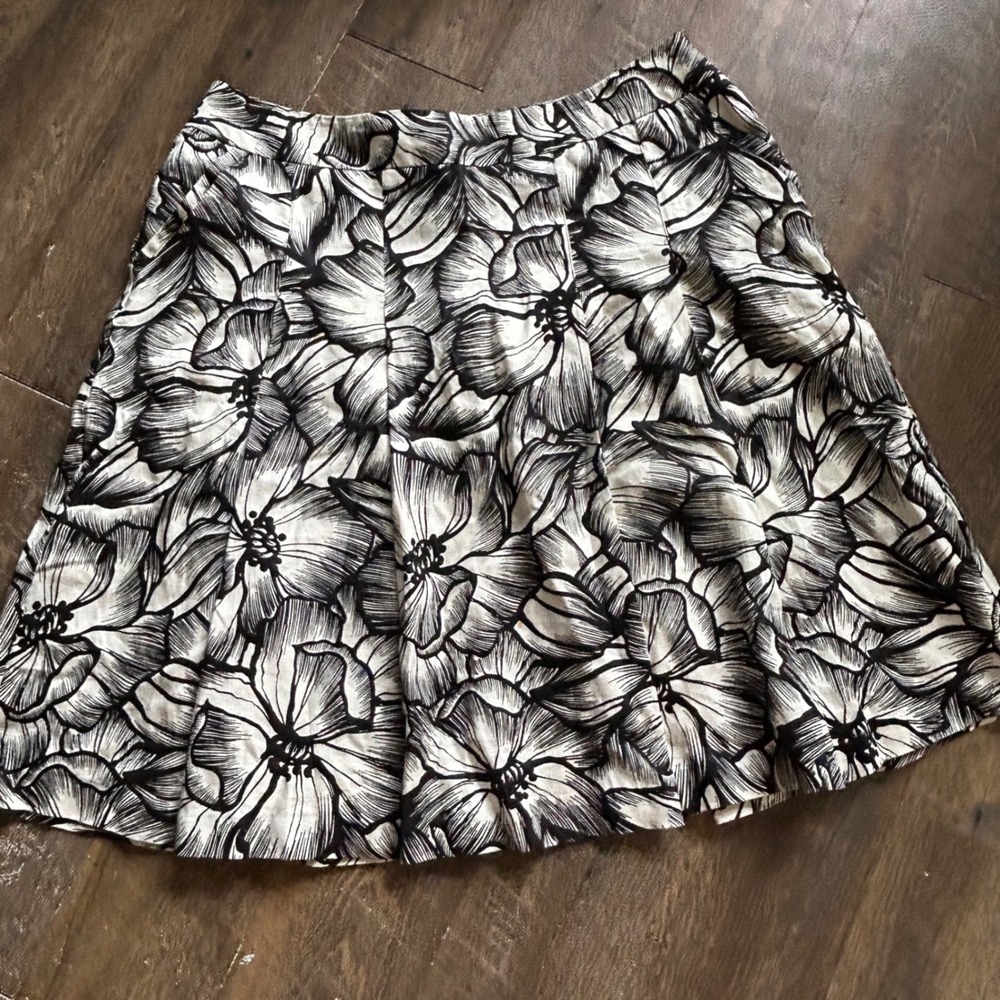 Style & Co Woman Black‎ White Floral 100% Linen A-Line Skirt Pockets 18W